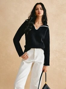 Poéselle Women's Color Block Ribbed Long Sleeve Sweater, Casual For Daily Wear - Black - View 4