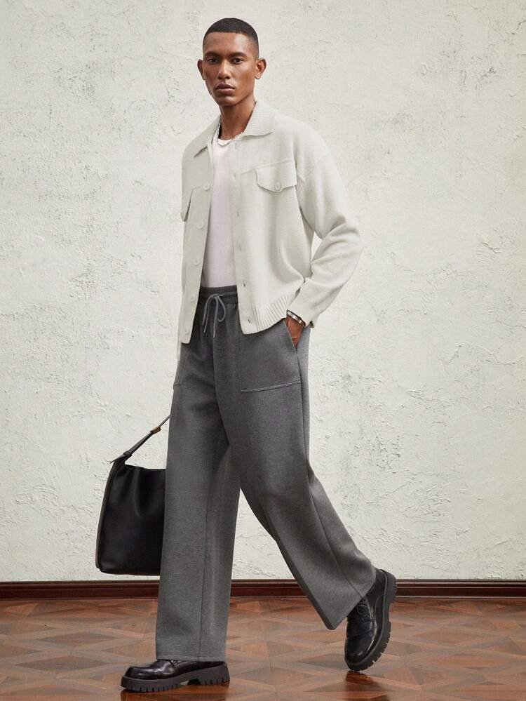 Men's Loose Fit Dropped Shoulder Long Sleeve Casual Split Pocket Cardigan Short Sweater, Suitable For Autumn/Winter, Light Pink