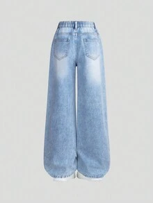 SHEIN Explorewe Tween 女童新款时尚休闲浅色洗水牛仔裤，带蝴蝶结装饰，直筒阔腿设计 - 中等水洗藍 - 查看 2