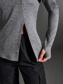 SHEIN Sports Damska jednokolorowa koszulka sportowa z okrągłym dekoltem i długim rękawem oraz rozcięciem po bokach - Szary - Zobacz 5