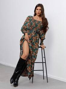 SHEIN Tall Women's Floral Square Neck Bubble Long-Sleeved Waist A-Hem Dress