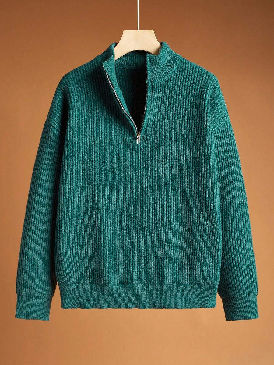 SHEIN 1 pieza Jersey de cuello alto con media abertura, cálido y casual, en color verde oscuro con rayas de malla, ropa de vuelta al colegio para adolescentes varones; atuendos de otoño; ropa para adolescentes varones; chaquetas de adolescentes varones para otoño/invierno