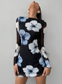 Aloruh Damen sexy figurbetonter Mini-Kleid mit offenem Rücken, Batik-Muster und Langarm