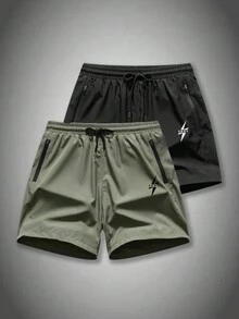 Manfinity Sport Corelite 男友风男士字母印花拉链口袋抽绳腰部宽松休闲运动短裤 - 綠色 - 查看 7
