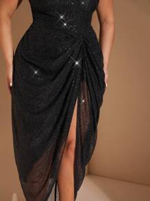 SHEIN BAE Plus Size Women's Autumn And Winter Party Sequined Asymmetrical Neck Ruched Dress,Christmas, Thanksgiving, Party, New Year, Elegant, Sexy, Y2k. Cocktail Dress, For Birthday, Holidays, Parties, Night Travel, Flash, Summer - Black - View 6