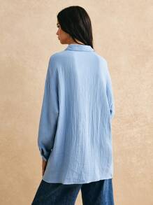 Poéselle 素色落肩袖前紐扣襯衫 - 霧霾藍 - 查看 7