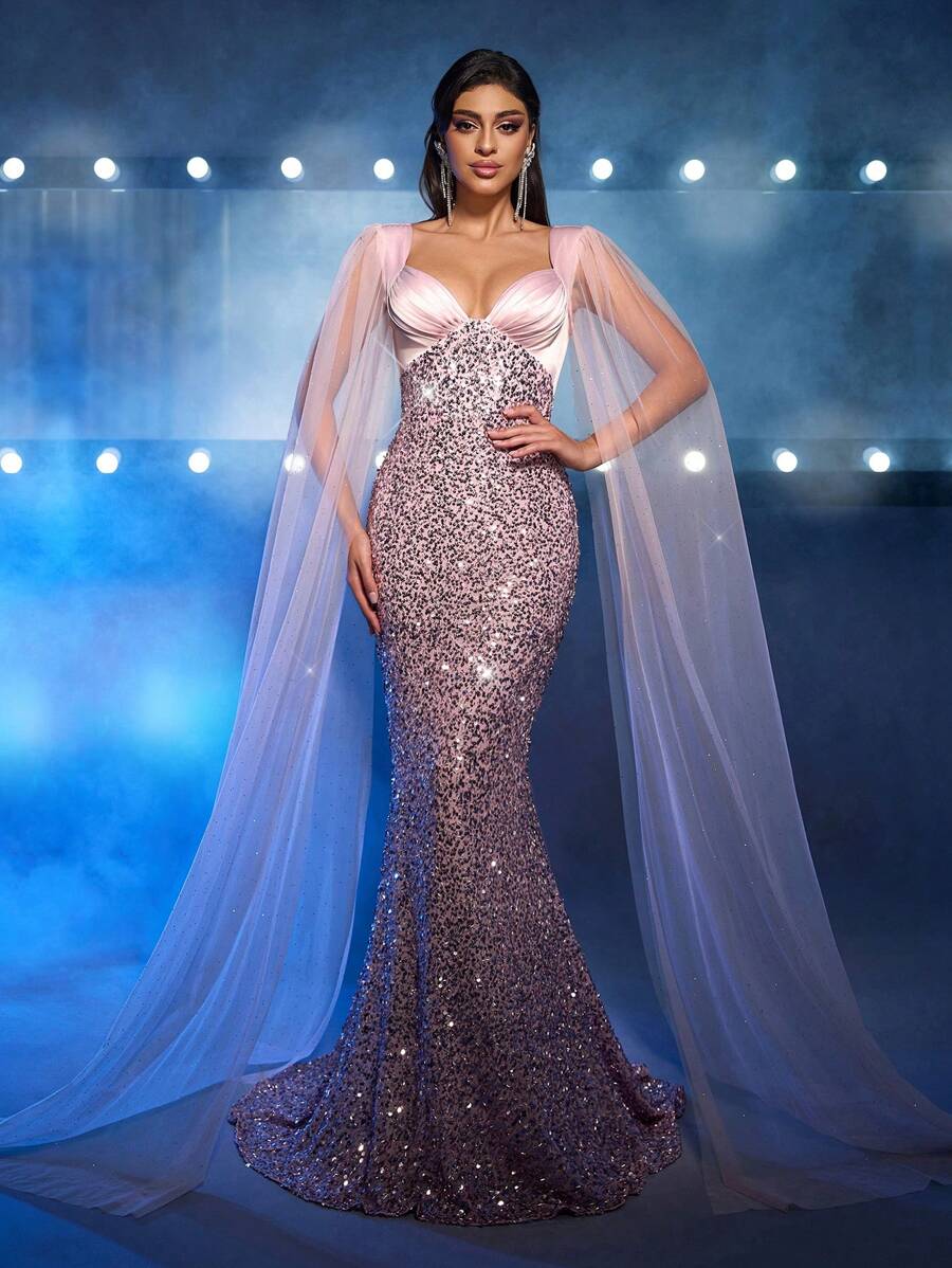Glamrae Vestido longo de cetim com decote em formato de coração, barra da sereia e bainha até o chão, elegante, deslumbrante e sexy, com tule rosa de flor de lótus, grandes lantejoulas flutuantes e bordado de lantejoulas, adequado para festa de formatura, jantar a dois, vestido de festa de casamento para convidados, formatura - Rosa empoeirado - Visão 1