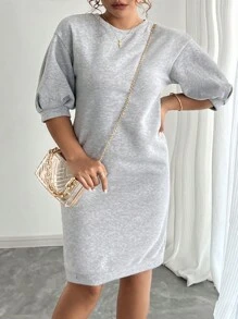 INAWLY Plus Size Solid Color Round Neck Casual Versatile Short Sleeve Dress - Grey - View 6