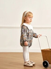 SHEIN Ensemble body et pantalon côtelé avec nœud au poignet pour bébé fille, style doux et mignon. Col claudine, imprimé vert, broderie, bas évasé. Tenue mode automne/hiver
