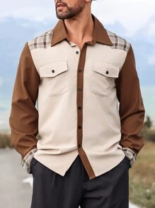 Manfinity Homme 男士休闲撞色格纹拼接纽扣长袖衬衫，秋季 - 彩色 - 查看 3