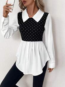 SHEIN Clasi Women Elegant Retro Black & White Polka Dot Splicing Color Block Shirt Collar Long Sleeve Top