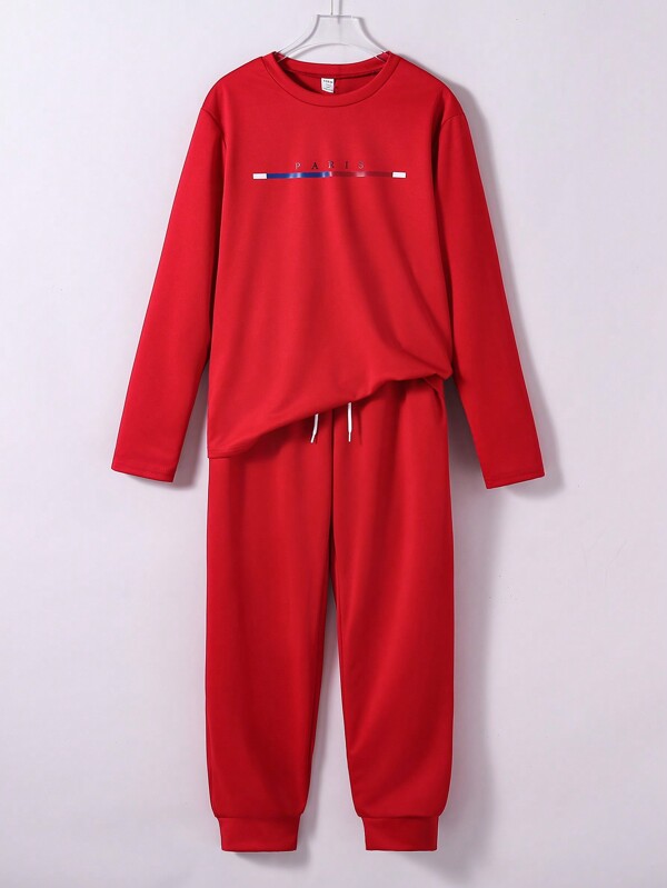SHEIN Teen Boys 2pcs Basic Casual Set - Letter Graphic Crew Neck Long Sleeve Top And Drawstring Waist Sweatpants