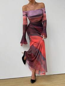 SHEIN Privé 1 件优雅扎染渐变印花露肩长裙 - 彩色 - 查看 6