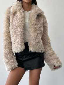 Aloruh Minimalist Apricot Short Fluffy Lapel Long Sleeve Fitted Jacket, Outdoor Warm Wear, Autumn/Winter