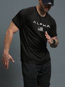 男友风男士圆领短袖字母与美国国旗印花运动 T 恤 - 黑色 - 查看 3