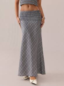 SHEIN SXY 秋冬休闲复古百搭灰白格子不对称半身裙 - 彩色 - 查看 1