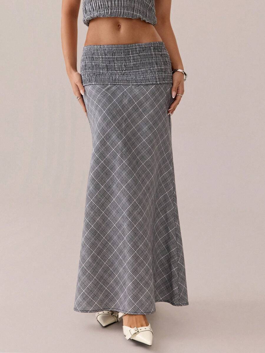 SHEIN SXY 秋冬休闲复古百搭灰白格子不对称半身裙 - 彩色 - 查看 1