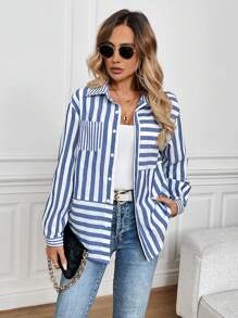 SHEIN LUNE Bluzka z kołnierzykiem, wiązaniem, kieszenią i guzikami z przodu, asymetryczna, w paski, swobodna, elegancka, do pracy, dla kobiet jesienią/zimą