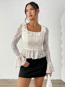 Chiquease 女式秋季方领喇叭袖口优雅蕾丝荷叶边饰边上衣荷叶边上衣