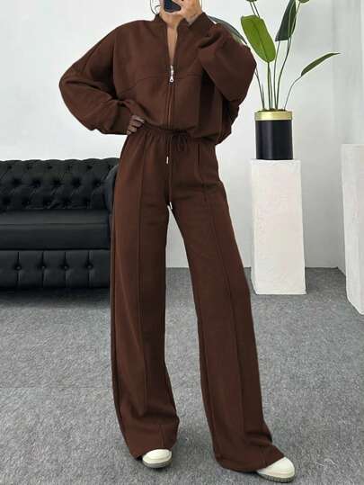 INAWLY 2pcs Women Solid Color Casual Jacket And Pants Set, Autumn/Winter
