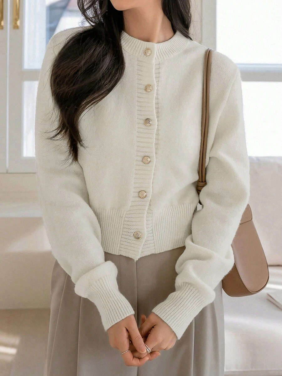 Dazy-Less Cárdigan casual de cuello redondo y botones delanteros de unicolor, ropa de mujer de otoño/invierno de estilo "Old Money", ropa casual de negocios para mujer para el trabajo - Blanco - Ver 1