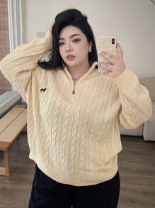 Dazy Plus 加大码宽松针织套头衫，拉链领，刺绣装饰，适合冬季、秋季女装 - 杏色 - 查看 6