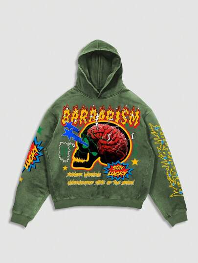 Street Life Men's Washed Streetwear Graphic Print Hoodie, Suitable For Casual Wear,