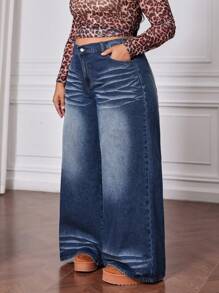 SHEIN CURVE+ Quần Jeans Ống Rộng Màu Xanh Cổ Điển Cỡ Lớn Cho Nữ - Rửa trung bình - Xem 5