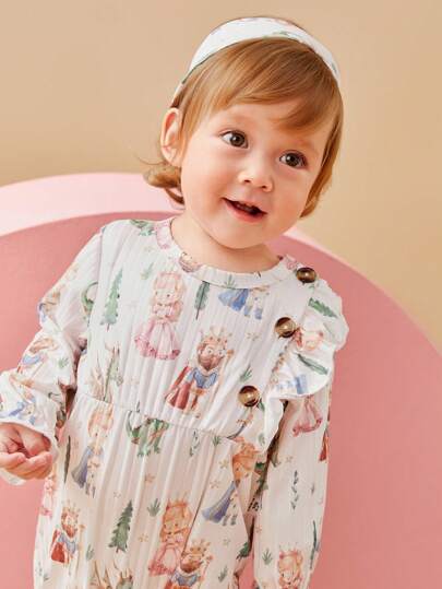 SHEIN Baby Girl Ruched Floral All-Over Print Long Sleeve Jumpsuit