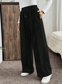 SHEIN LUNE 休闲运动直筒灰色女式运动裤，配有抽绳腰带，秋季 - 黑色 - 查看 1