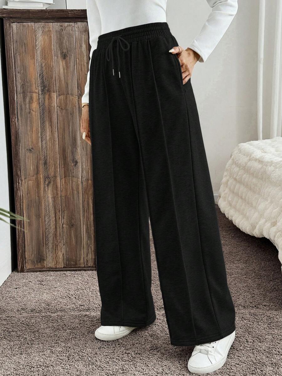 SHEIN LUNE 休闲运动直筒灰色女式运动裤，配有抽绳腰带，秋季 - 黑色 - 查看 1