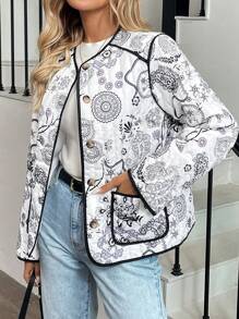 SHEIN LUNE 1pc Women Casual Sweatshirt With Pocket & Contrast Trim, Long Sleeve - Black and White - View 5
