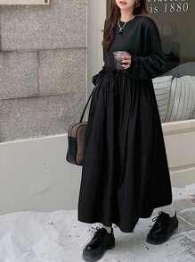 DAZY Women Solid Color Crew Neck Drawstring Long Sleeve Hoodie Midi Dress, Autumn & Winter,Fall Women Clothes - Black - View 4