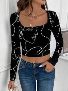 SHEIN LUNE تيشيرت كاجوال بكم طويل مطبوع عليه رسمة امرأة بخط رفيع ، مناسب كطبقة أساسية للخريف والشتاء