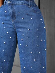 SHEIN Essnce Quần Jeans Thường Ngày Size Lớn Cài Nút Ngọc Trai Giả Phía Trước - Màu xanh lam - Xem 2