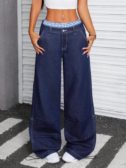 SHEIN ICON Women's Patchwork Waistband Denim Long Pants, Streetwear, Casual, Y2K Style