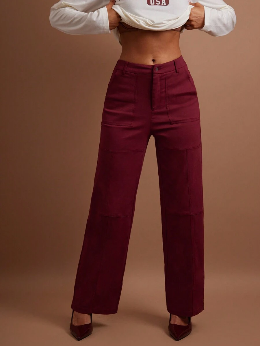 COSMINA 女士休闲通勤紫色和红色拼布直筒裤 - 中紫紅色 - 查看 1