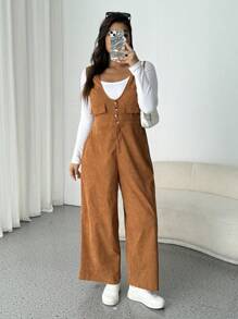Calvaya Mono de pana de color marrón sólido talla grande, suave y cómodo, diseño sencillo para ir al trabajo y uso casual - Marrón - Ver 5