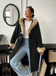 Calvaya Plus Size Thermal Lined Hooded Mid-Length Overcoat With Button Closure, Autumn/Winter - Black - View 5