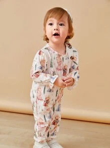 SHEIN Baby Girl Ruched Floral All-Over Print Long Sleeve Jumpsuit - Brown - View 5