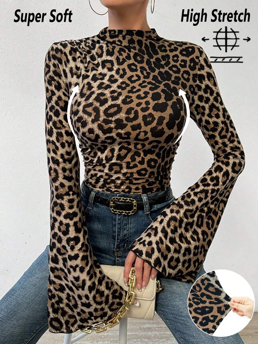Chiquease 女式豹纹喇叭袖 T 恤图案猎豹印花 T 恤女式上衣 - 彩色 - 查看 1