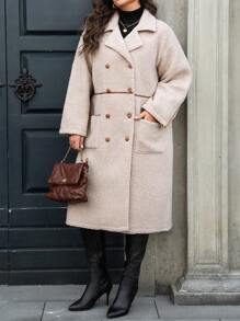 Flirla 大码女士优雅休闲通勤西装外套，法式立领双排扣蓬松饰边口袋长袖长外套，秋冬 - 杏色 - 查看 6