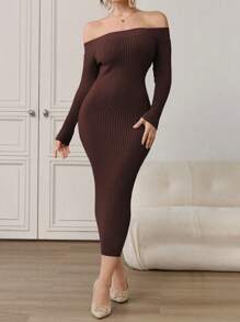 Modelyn 1pc Women Solid Color Off-Shoulder Fitted Elegant Long Sleeve Knit Dress - Coffee Brown - View 6