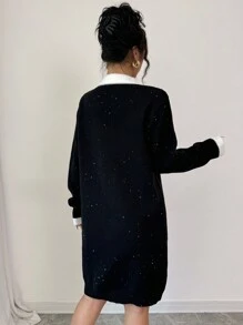 Elenzga Damen Farbblockkleid mit langem Arm, formanliegend und elegant