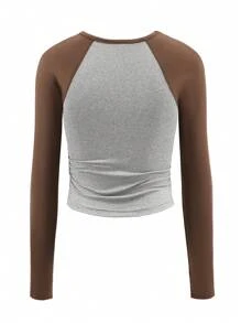 SHEIN 1pc Girls Raglan Sleeve Contrast Color Fitted Short Long Sleeve T-Shirt, Autumn - Multicolor - View 2