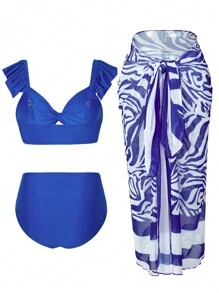 Swim Oasis Plus Size Women 3-Piece Set: Adjustable Spaghetti Strap Top With Ruffle Trim, Crop Top & High Waist Briefs In Navy Blue, With Detachable Blue & White Zebra Striped Printed Wrap, Scarf & Cover Up Cardigan Summer - Blue - View 4