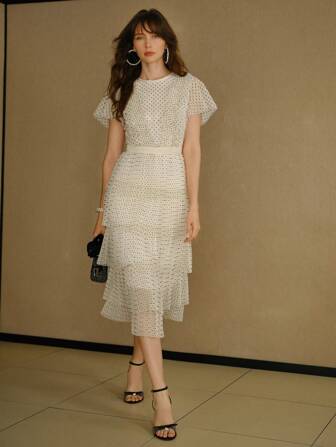 MOTF STUDIO メッシュオーバーレイ ドット柄 フラッタースリーブ レイヤードヘム ミディドレス