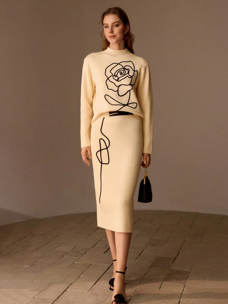 GRAPHIC PATTERN PENCIL KNIT SKIRT