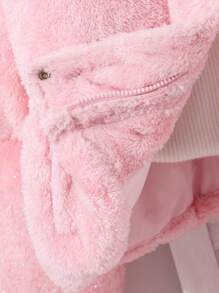 少女纯色蓬松拉链口袋连帽长袖棉服外套 - 粉色 - 查看 4