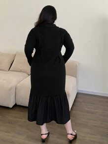 Dazy Plus Plus Size Elegant Solid Color Ruffled Hem Loose Dress, Autumn - Black - View 2
